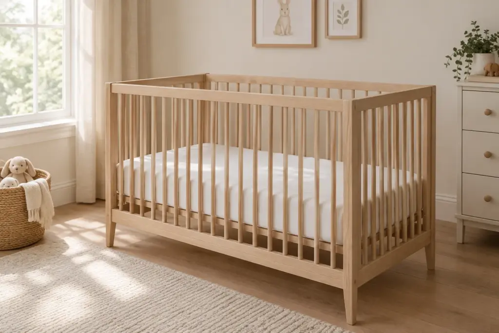 Un lit de bébé avec un matelas plat et un drap-housse, sans accessoires dans le couchage.