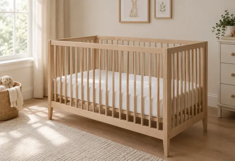 Un lit de bébé avec un matelas plat et un drap-housse, sans accessoires dans le couchage.