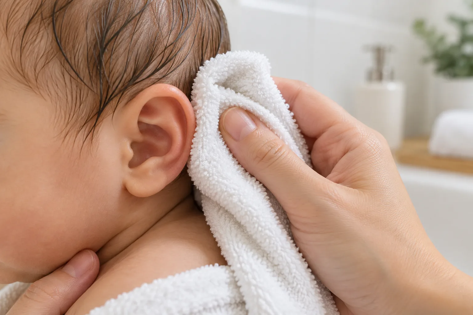 Une main sèche délicatement les plis visibles de l’oreille d’un bébé avec une serviette.