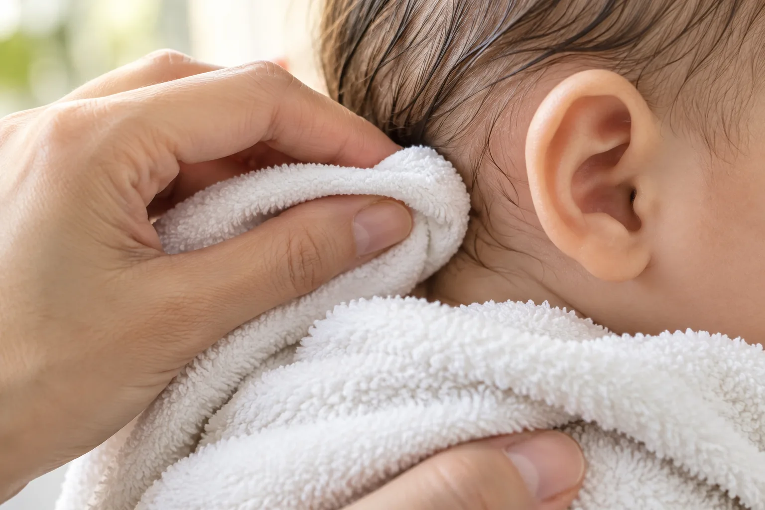 Un parent sèche doucement les plis visibles derrière l’oreille de bébé avec un linge propre.