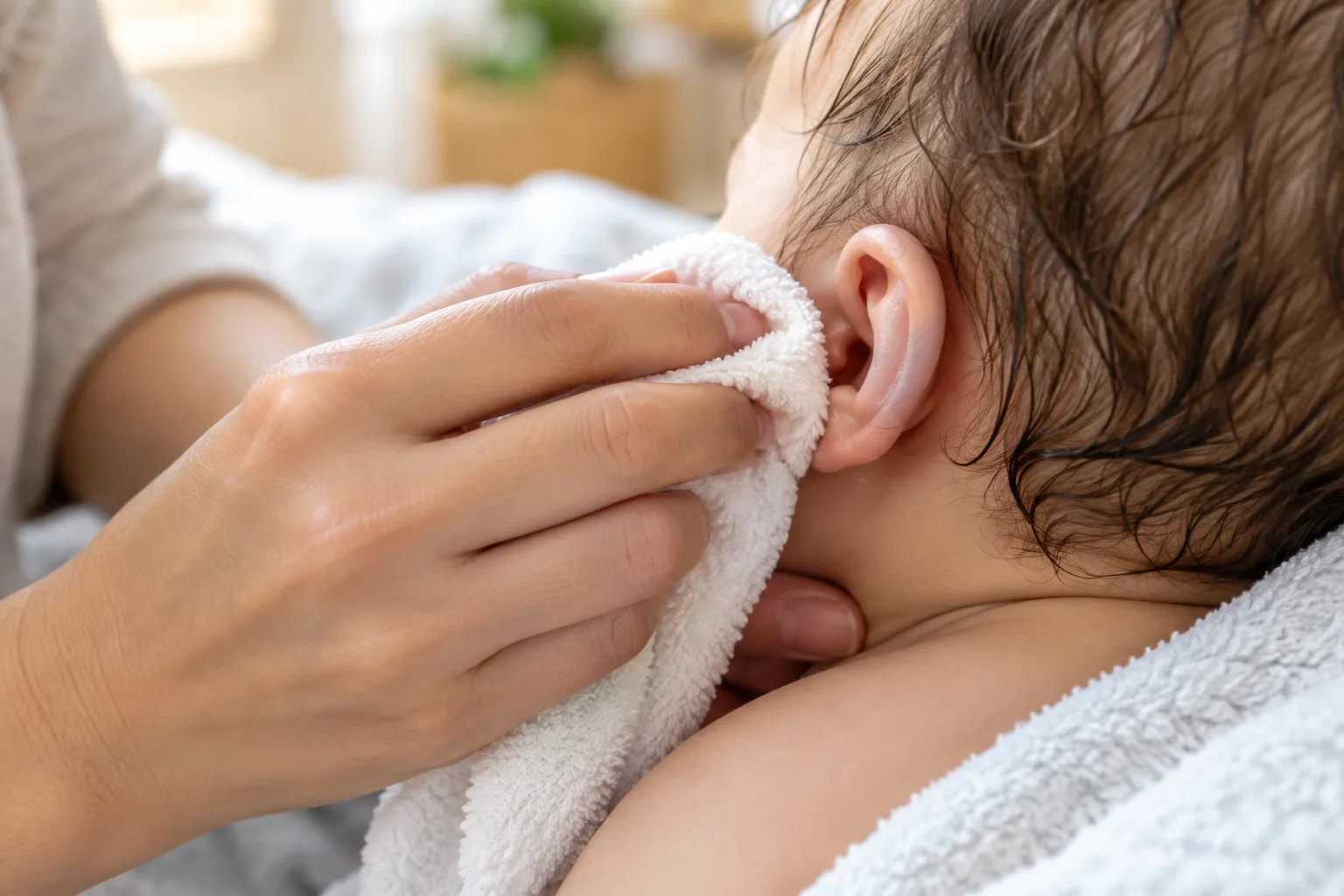 Un parent nettoie délicatement le pavillon de l’oreille de bébé avec un gant humide.