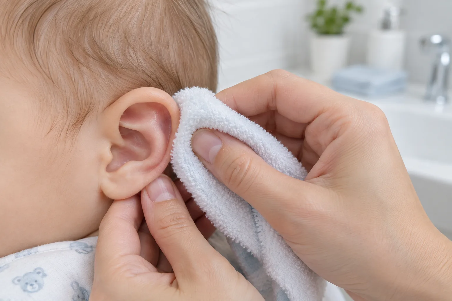 Un gant doux passe sur les replis extérieurs de l’oreille d’un bébé.