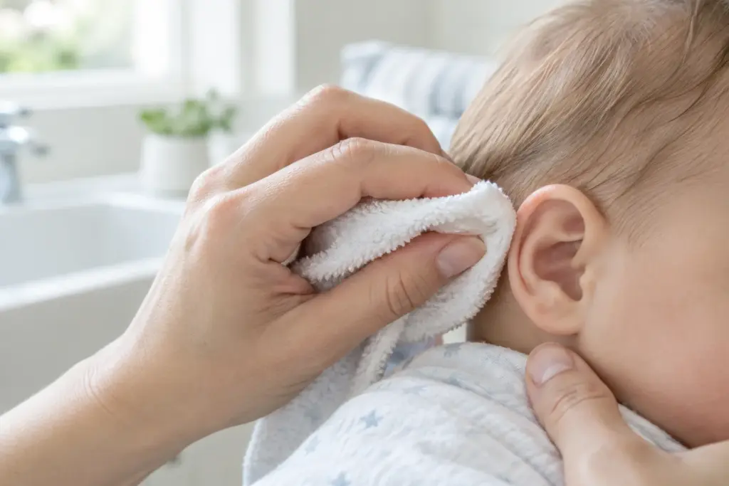 Une main passe doucement un linge humide sur l’oreille extérieure d’un bébé.