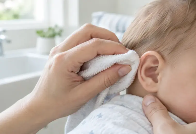 Une main passe doucement un linge humide sur l’oreille extérieure d’un bébé.