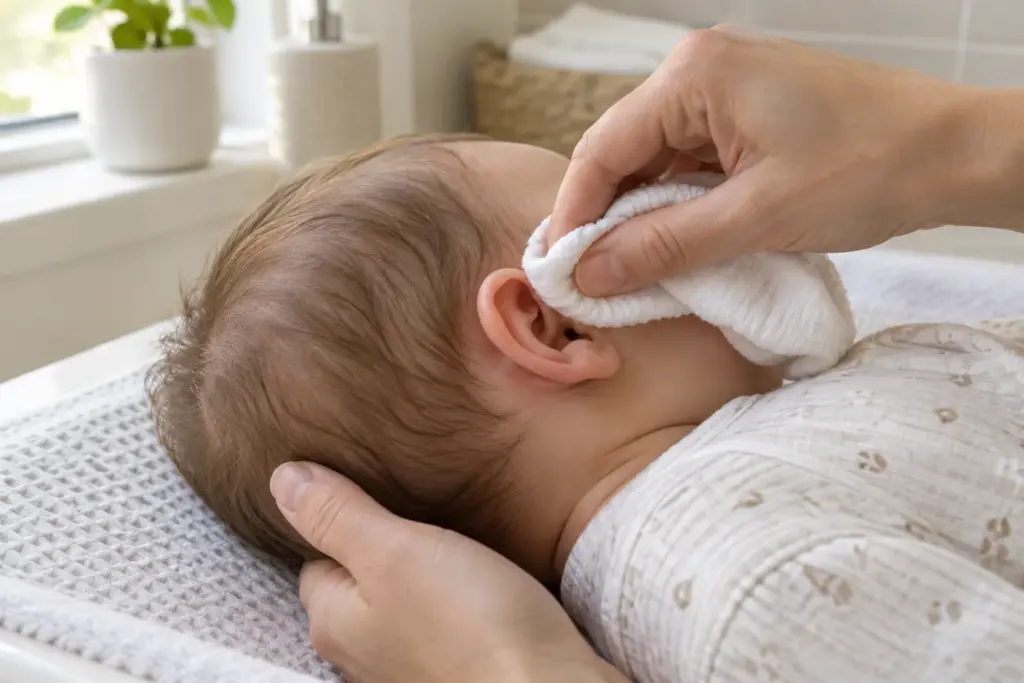 Une main passe délicatement un linge doux sur le pavillon de l’oreille d’un bébé.