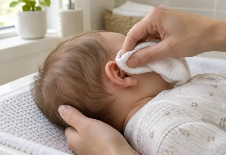 Une main passe délicatement un linge doux sur le pavillon de l’oreille d’un bébé.