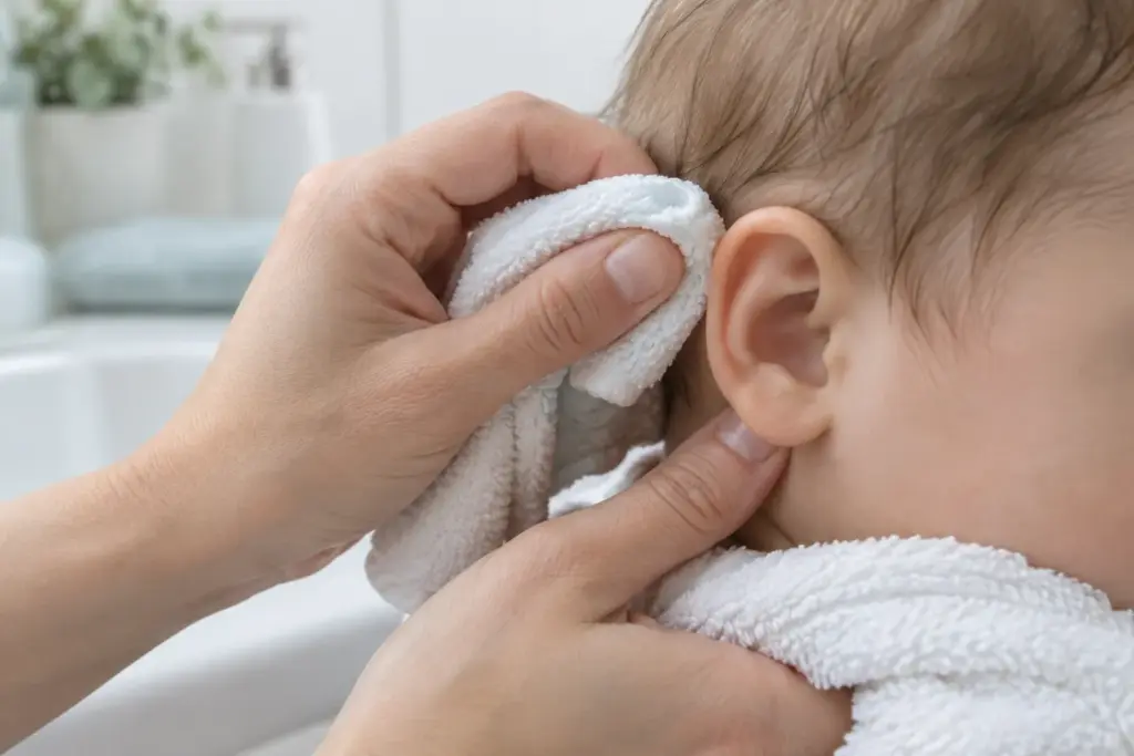 Un parent nettoie doucement l’extérieur de l’oreille d’un bébé avec un linge doux.