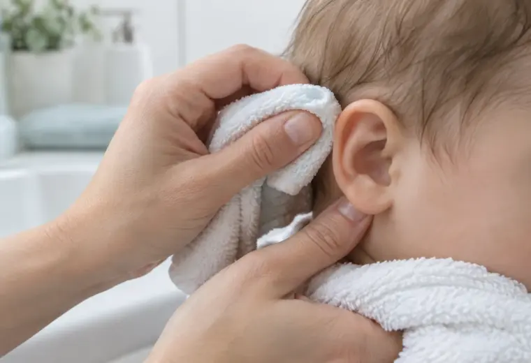 Un parent nettoie doucement l’extérieur de l’oreille d’un bébé avec un linge doux.