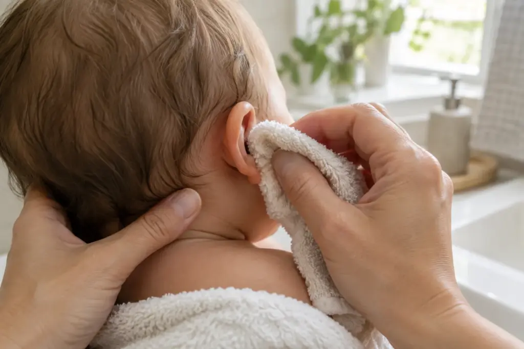 Une main nettoie délicatement l’oreille extérieure d’un bébé avec un gant doux.