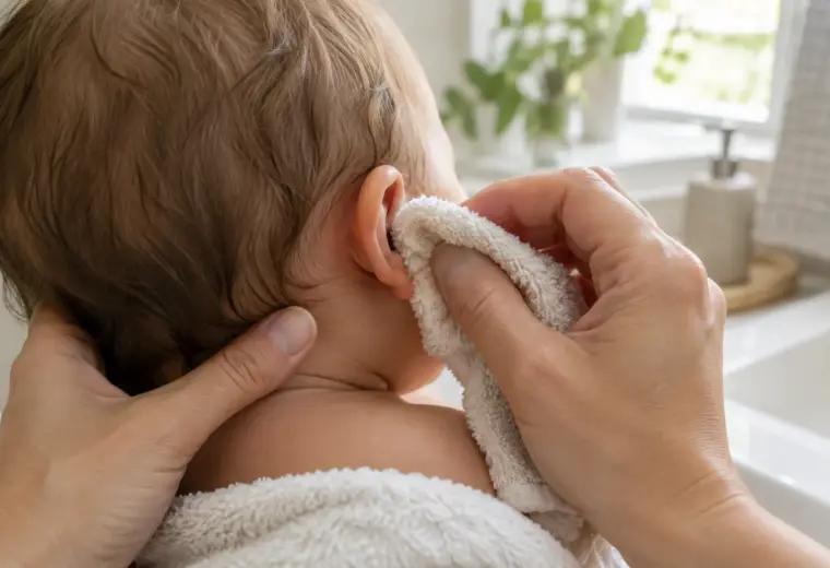 Une main nettoie délicatement l’oreille extérieure d’un bébé avec un gant doux.