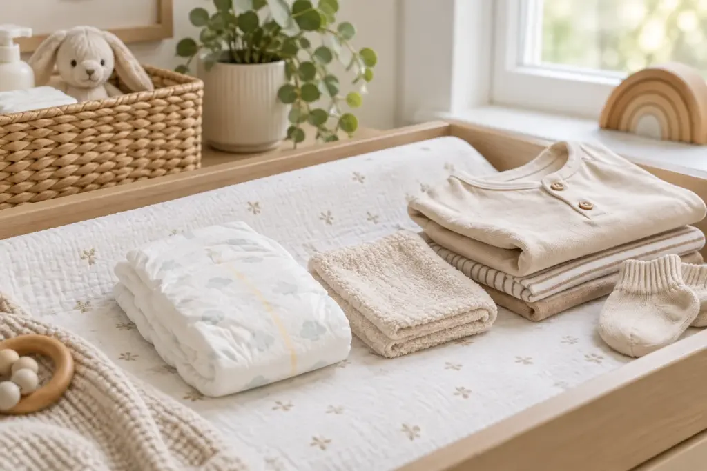 Un espace de change préparé avec une couche propre, un linge doux et des vêtements de rechange.