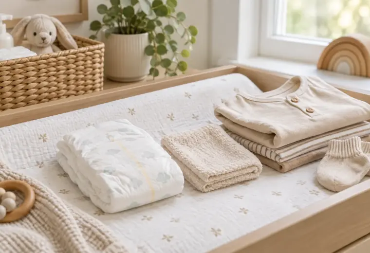 Un espace de change préparé avec une couche propre, un linge doux et des vêtements de rechange.