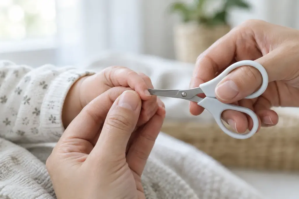 Une main adulte tient doucement les doigts d’un bébé pendant le soin de ses ongles.