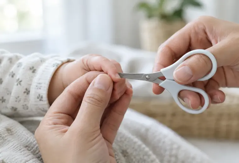 Une main adulte tient doucement les doigts d’un bébé pendant le soin de ses ongles.