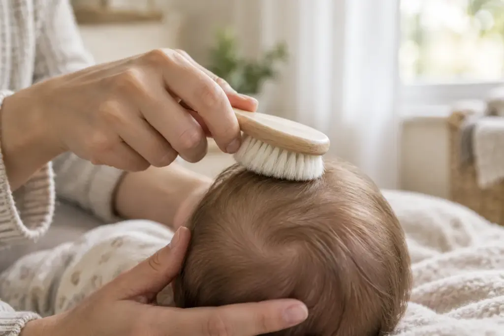 Une main passe doucement une brosse souple sur le cuir chevelu d’un bébé.