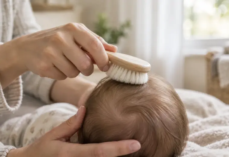 Une main passe doucement une brosse souple sur le cuir chevelu d’un bébé.