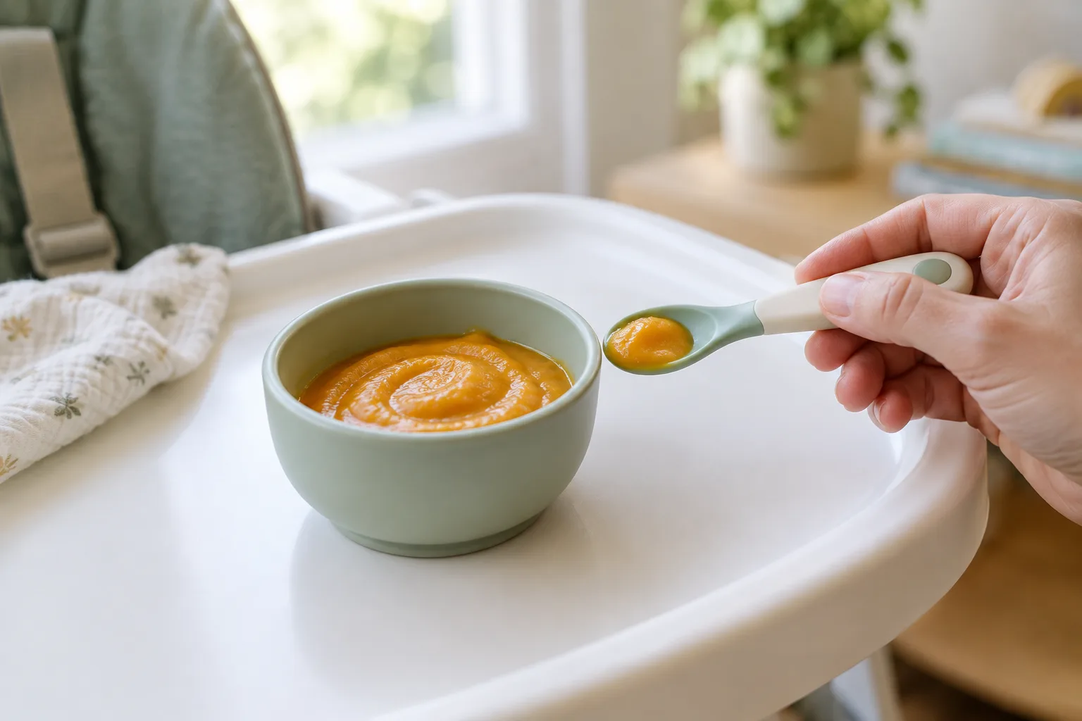 Une petite portion de purée et une cuillère sont posées sur la tablette de la chaise haute.