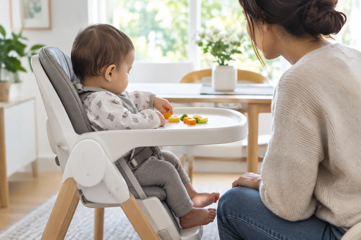 Bébé est installé droit dans sa chaise haute pendant qu’un adulte reste près de lui.