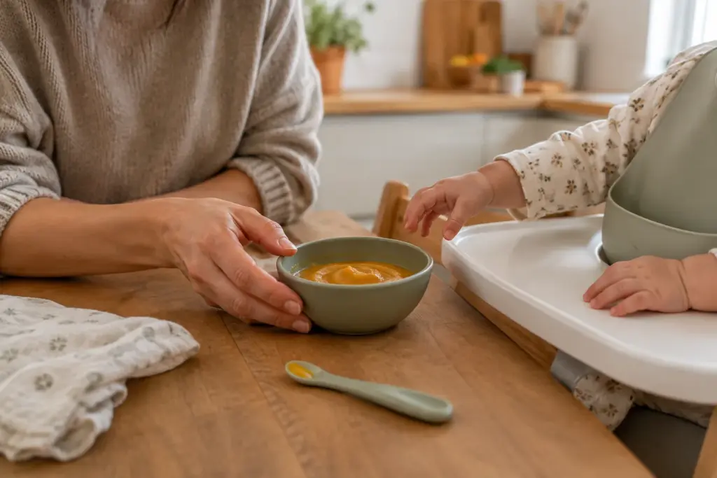 Un parent accompagne bébé pendant la découverte d’une purée dans sa chaise haute.