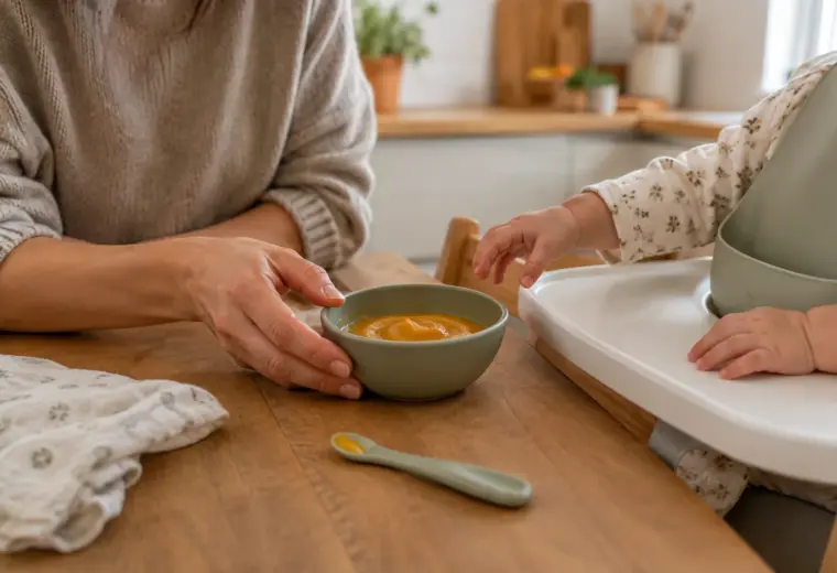 Un parent accompagne bébé pendant la découverte d’une purée dans sa chaise haute.