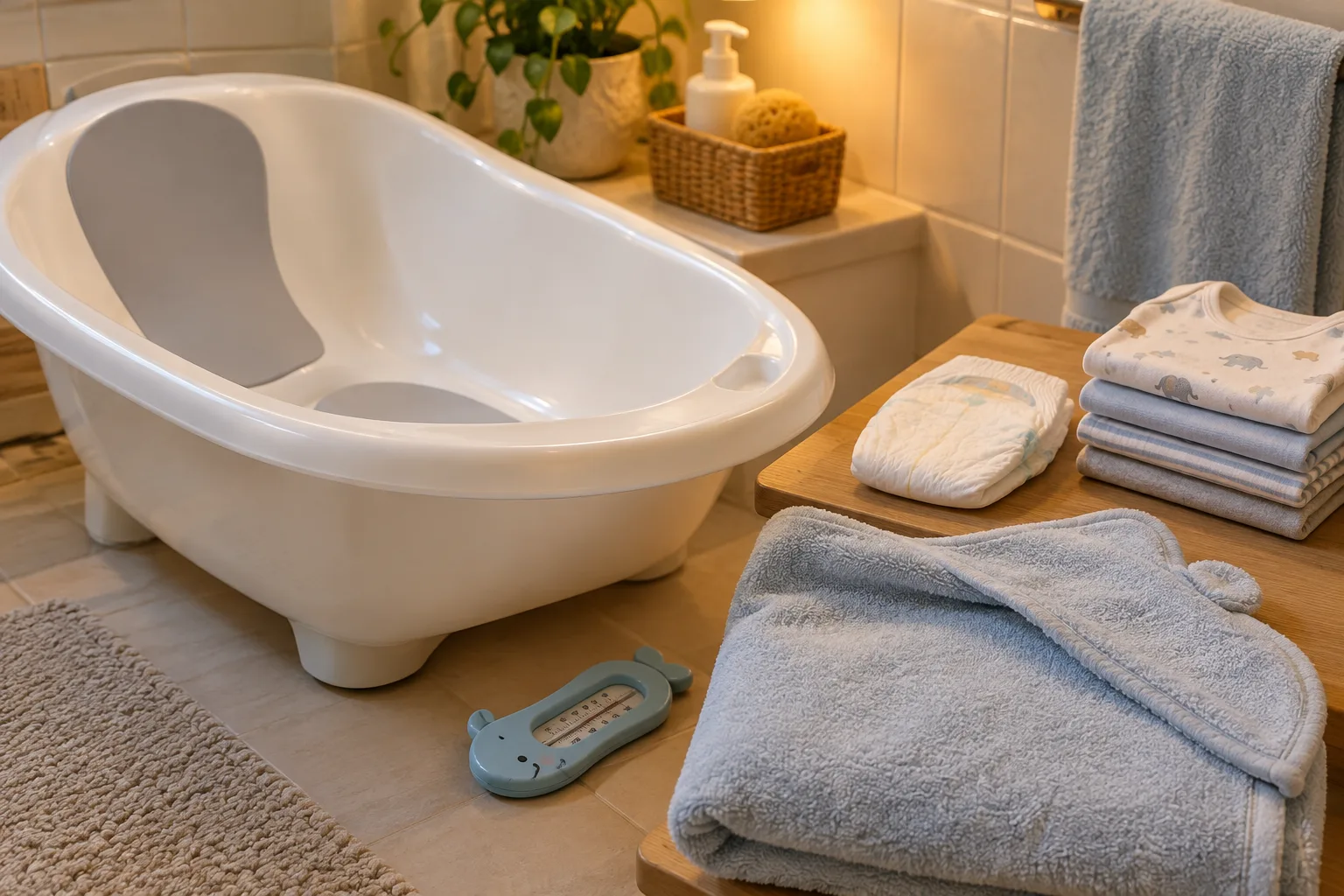 Une baignoire de bébé, un thermomètre et une serviette sont préparés avant le bain.