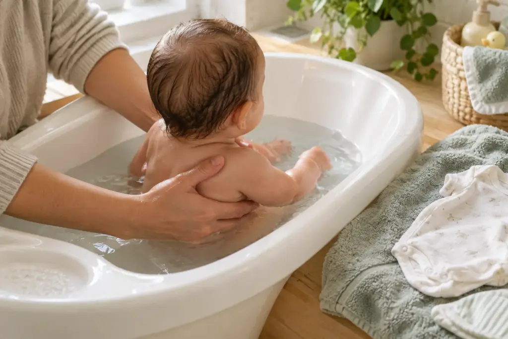 Un parent soutient doucement un bébé dans une petite baignoire, avec une serviette préparée à proximité.