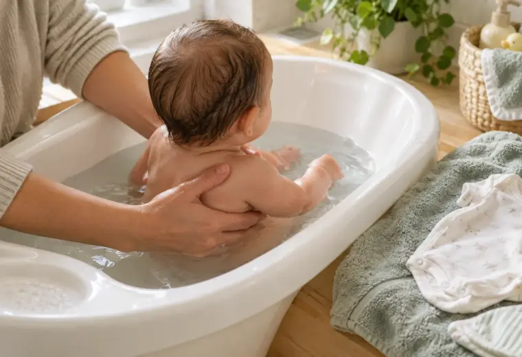 Un parent soutient doucement un bébé dans une petite baignoire, avec une serviette préparée à proximité.