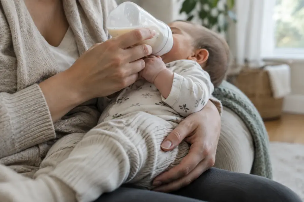 Un parent donne le biberon à un bébé installé dans ses bras.