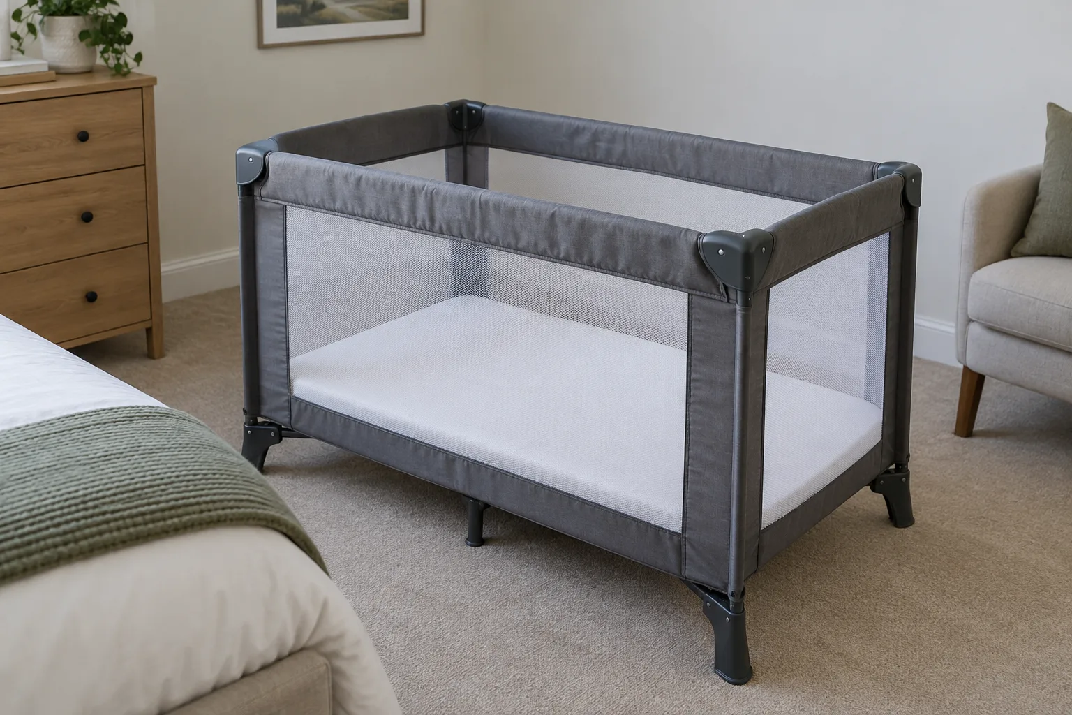 Un lit pliant correctement installé, avec un matelas ferme et aucun objet dans le couchage.