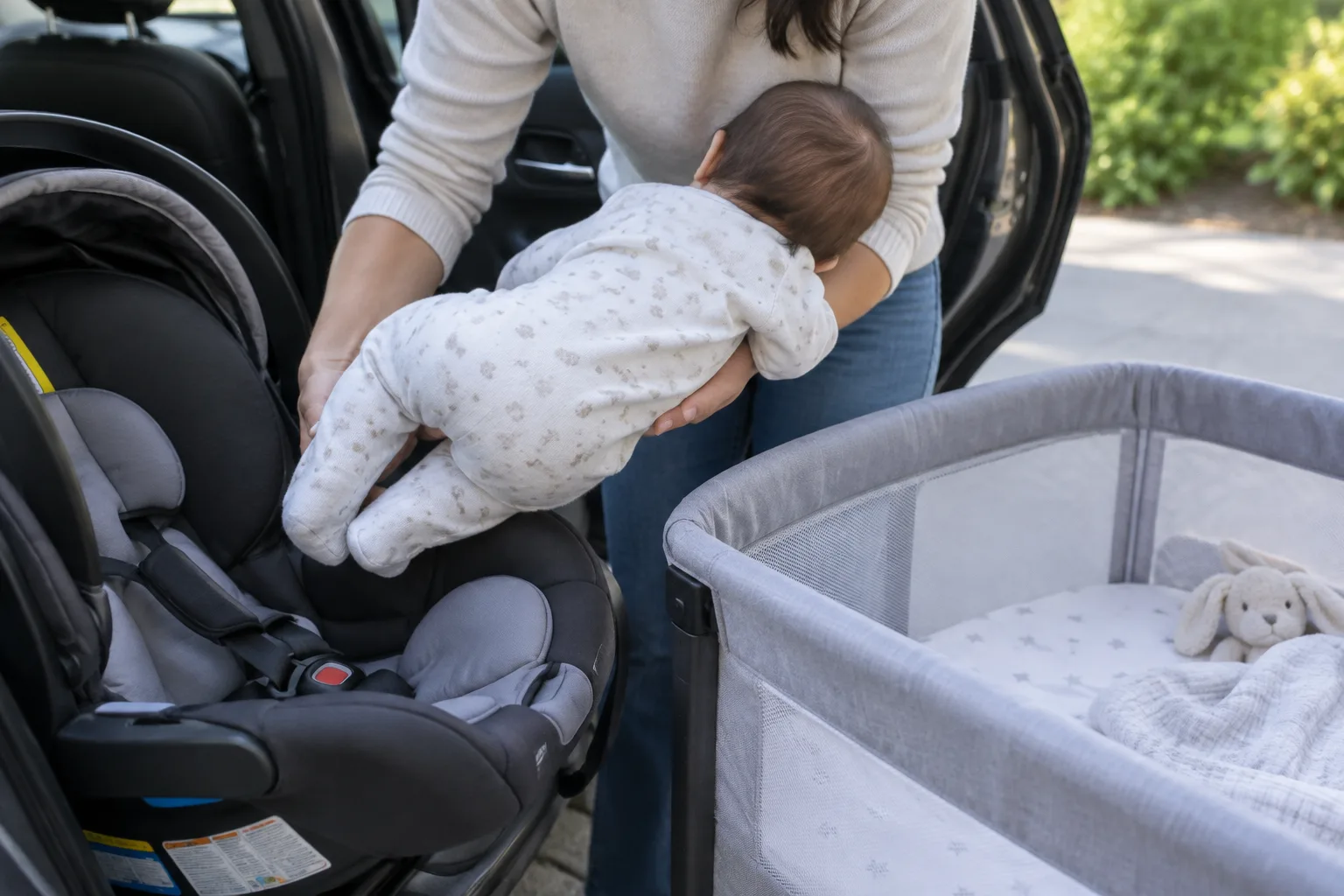 Un bébé est sorti de son siège-auto à l’arrivée pour être installé dans un lit adapté.