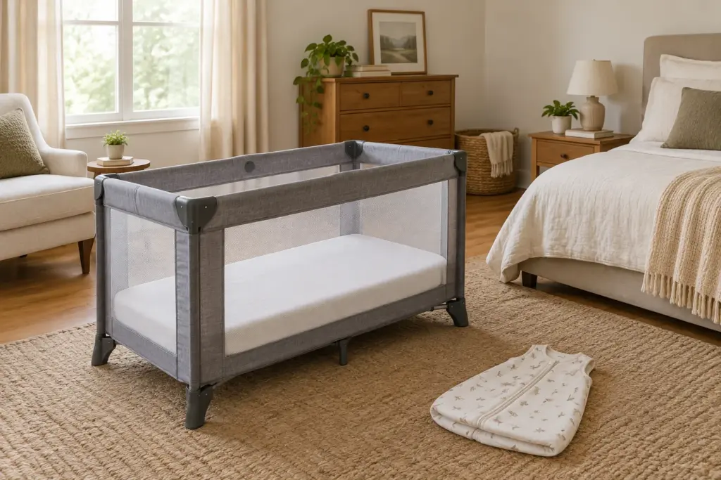 Un lit pliant pour bébé, monté dans une chambre lumineuse et dégagée.