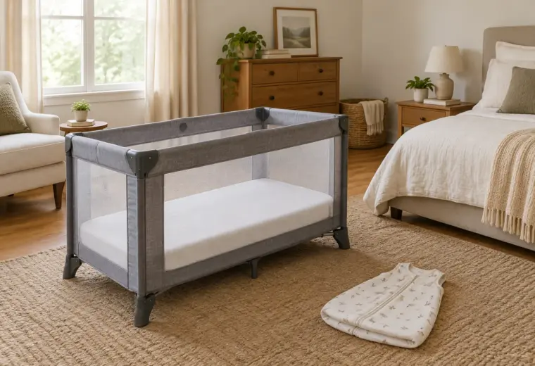 Un lit pliant pour bébé, monté dans une chambre lumineuse et dégagée.