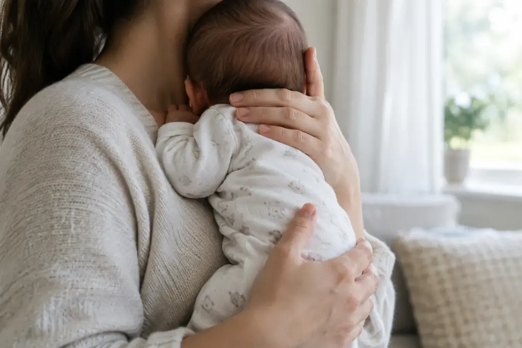 Un parent tient son bébé à la verticale contre son épaule après le repas.