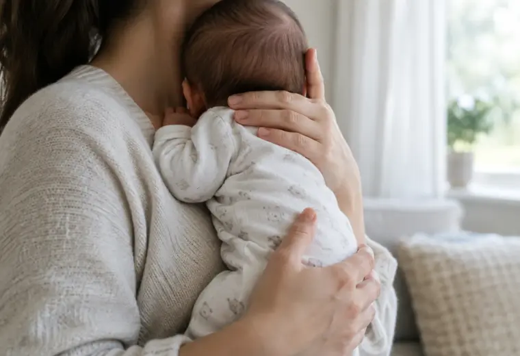 Un parent tient son bébé à la verticale contre son épaule après le repas.