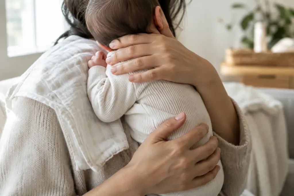Un parent tient doucement son bébé à la verticale contre son épaule après le repas.