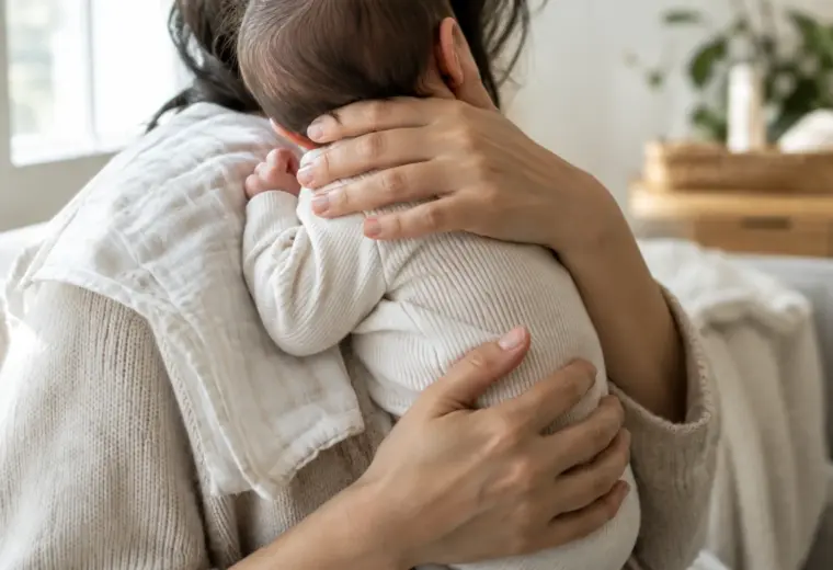 Un parent tient doucement son bébé à la verticale contre son épaule après le repas.