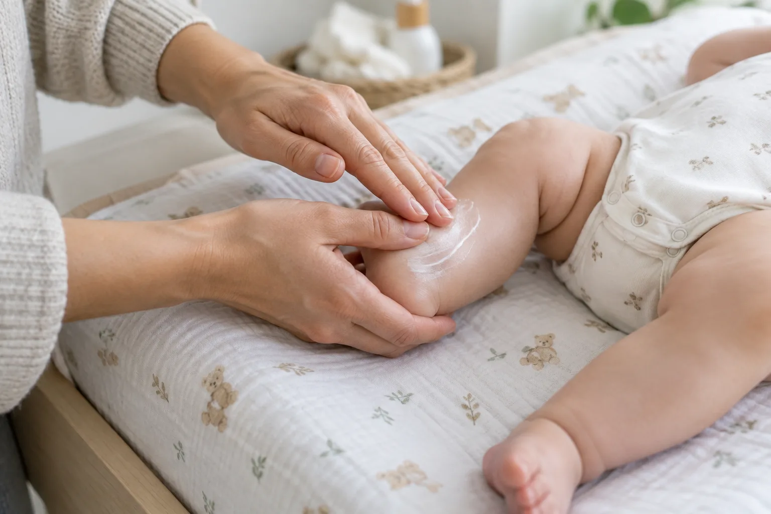 Des mains étalent doucement une petite quantité de crème sur la jambe d’un bébé.