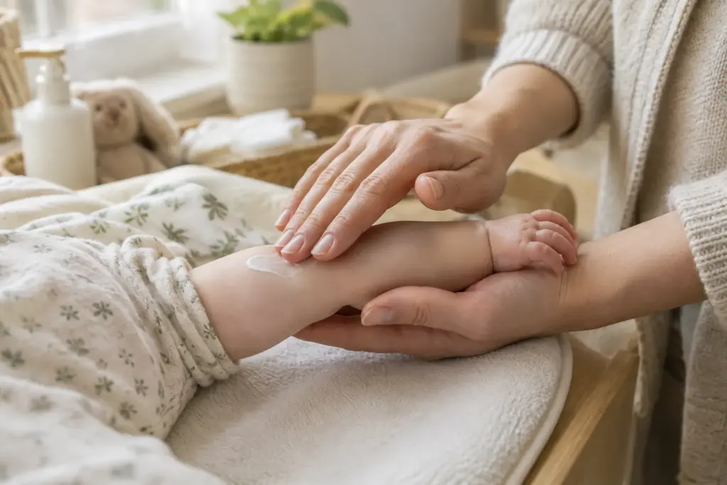 Un parent applique délicatement une crème sur le bras de son bébé.