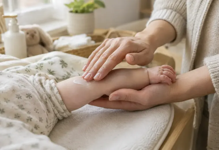 Un parent applique délicatement une crème sur le bras de son bébé.