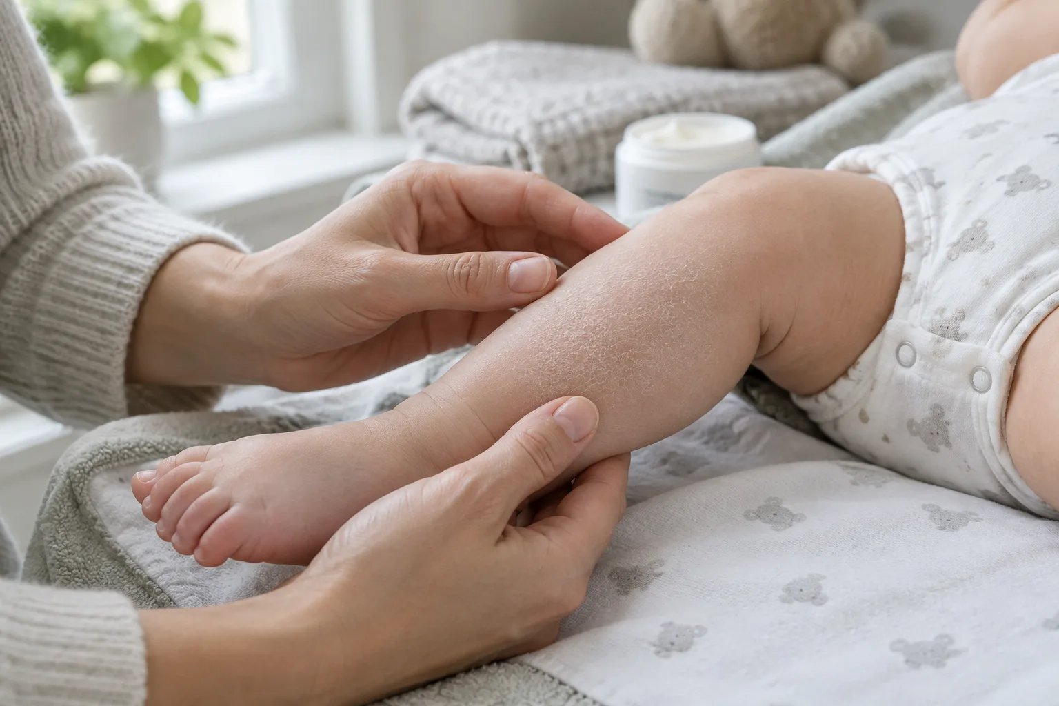 Un parent observe doucement la peau sèche de la jambe de son bébé.