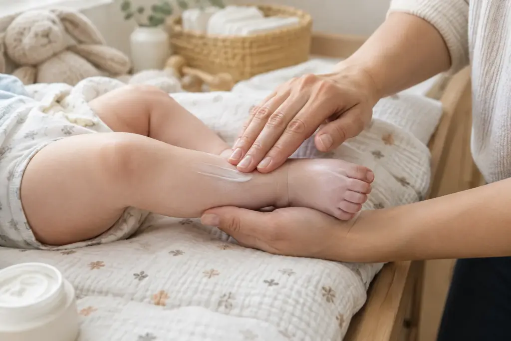 Un parent applique doucement une crème sur la jambe de son bébé.