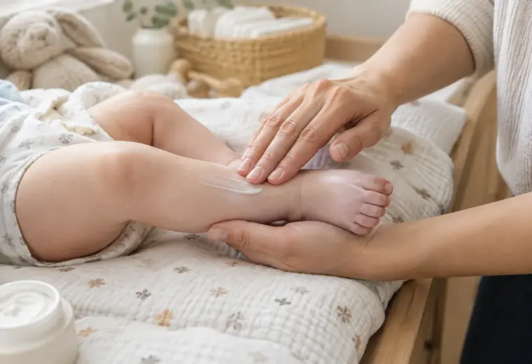 Un parent applique doucement une crème sur la jambe de son bébé.