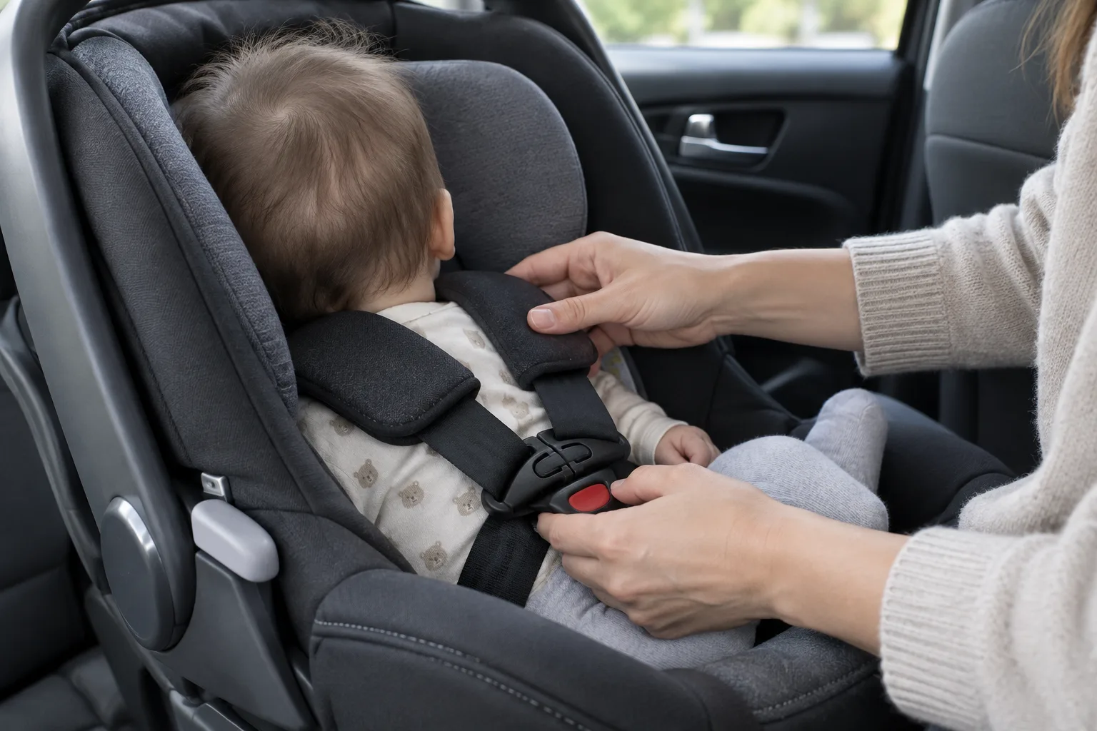 Des mains ajustent le harnais d’un bébé installé dos à la route dans son siège-auto.
