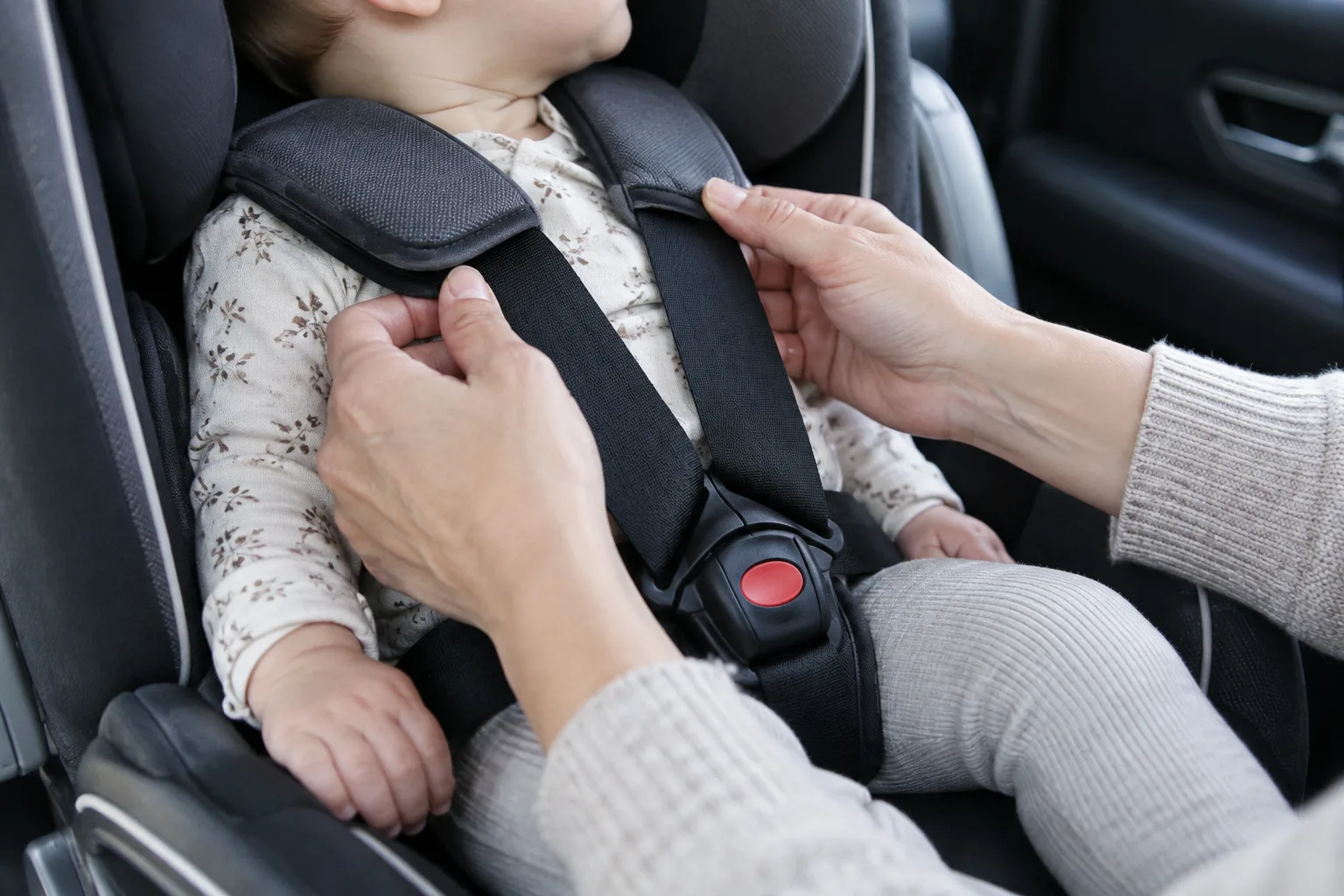 Des mains vérifient les sangles plates du harnais d’un bébé dans son siège-auto.