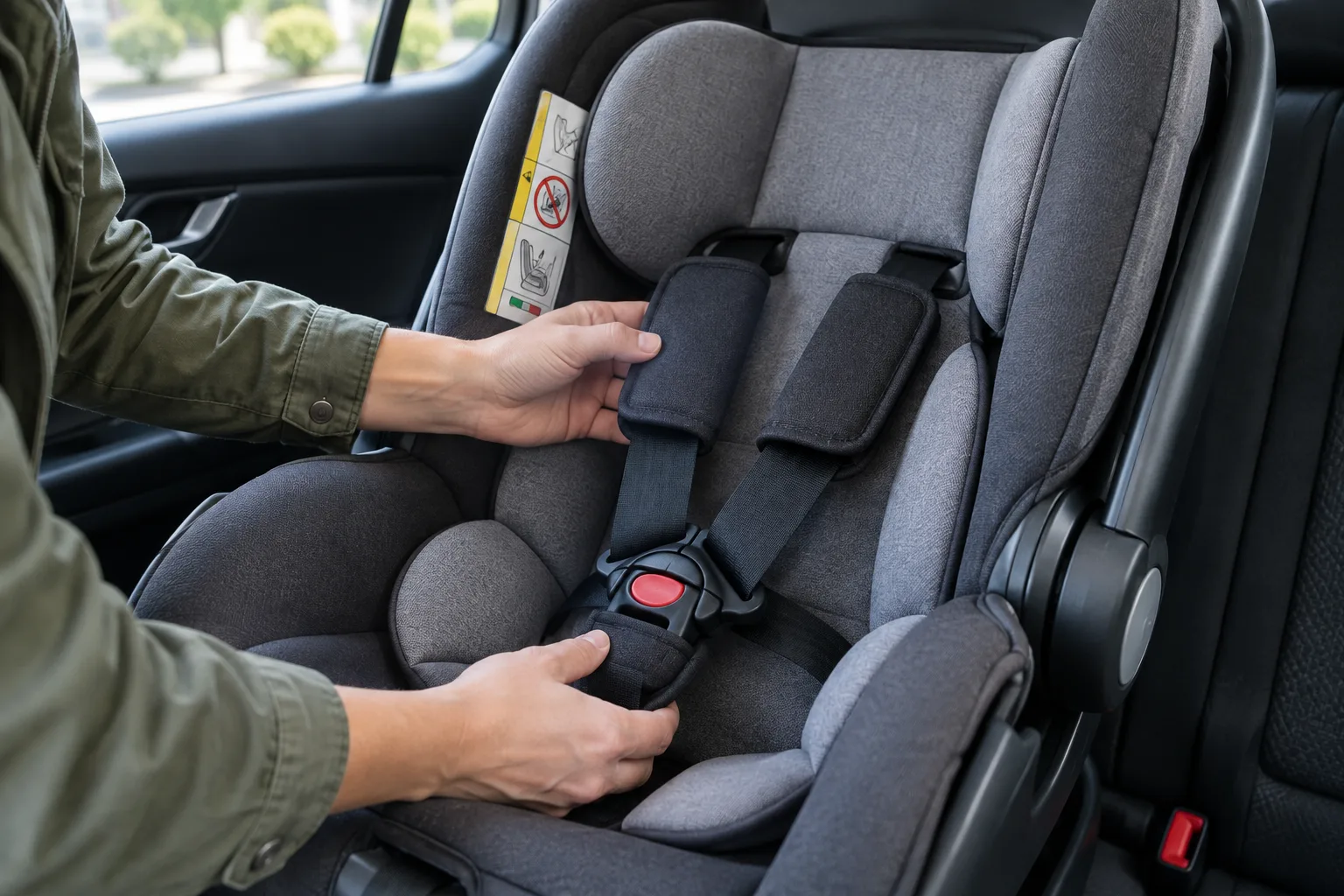 Un parent contrôle les éléments de fixation d’un siège-auto avant un trajet.