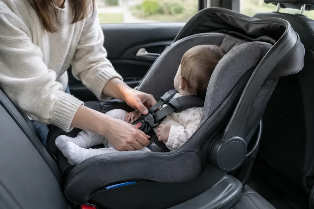 Un parent vérifie le harnais d’un siège-auto installé à l’arrière d’une voiture.
