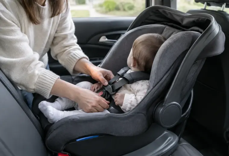 Un parent vérifie le harnais d’un siège-auto installé à l’arrière d’une voiture.