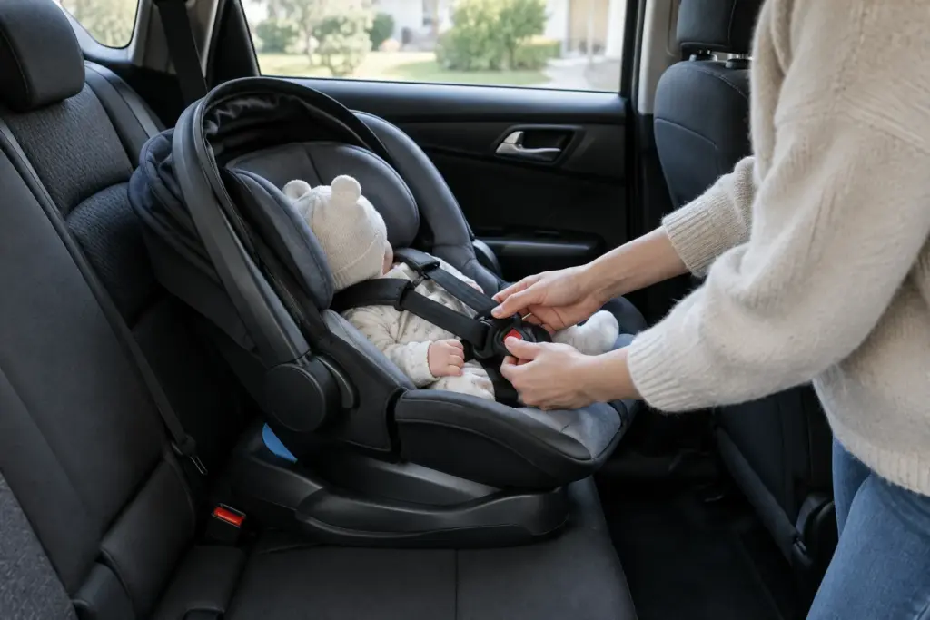 Un parent ajuste le harnais d’un bébé installé dans un siège-auto dos à la route.