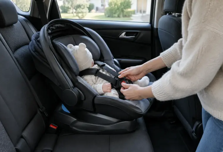 Un parent ajuste le harnais d’un bébé installé dans un siège-auto dos à la route.