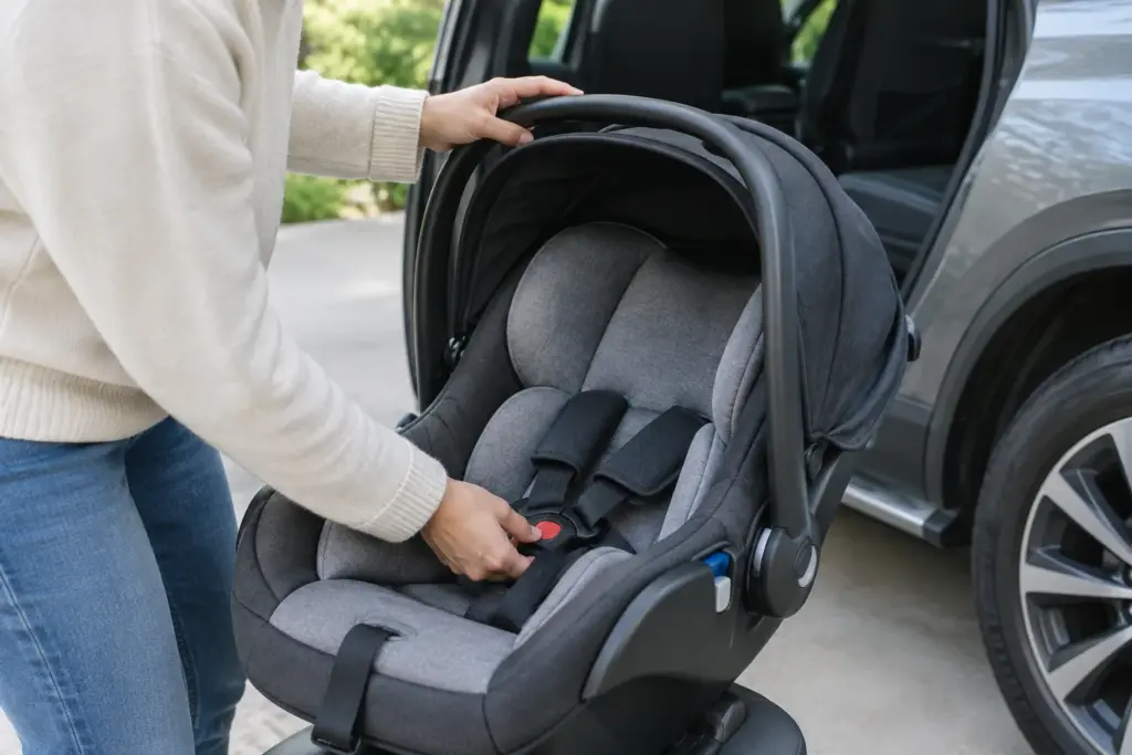 Un parent vérifie l’installation d’un siège-auto pour bébé dans une voiture à l’arrêt.